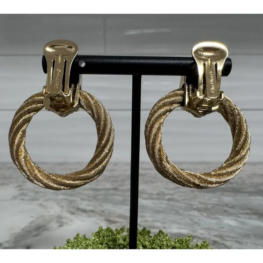 Vintage Auth Christian Dior Chunky Gold Tone Rhinestone Door knocker Earrings